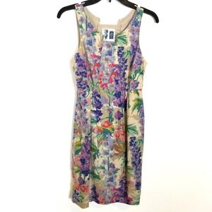 Anthropologie Edme & Esyllte Linen Blend Floral Sleeveless Dress Sz 2 Beige Boho